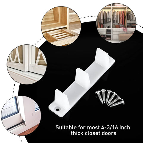 Image of Ten Piece Plastic Sliding Closet Door Floor Guide Set Bottom Track Mount Bypass For Wardrobe Doors Four And Three Sixteenth Inches White Durable Replacement Rails with screws included.
