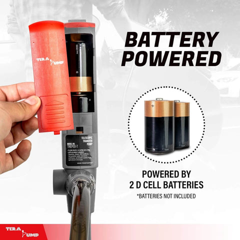 Close-up of TERA PUMP Portable Battery Powered Gas Transfer Pump showing battery compartment with 2 D batteries and nozzle.
