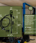 TERA PUMP - Electric 55 Gallon Drum Pump specifications display, showing dimensions and design with flow control nozzle and digital meter.