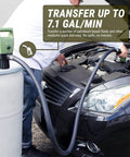 Person using TERA PUMP Electric Transfer Drum Pump for 55 Gallon Drums up to 275 Gallon IBC Totes on a car engine