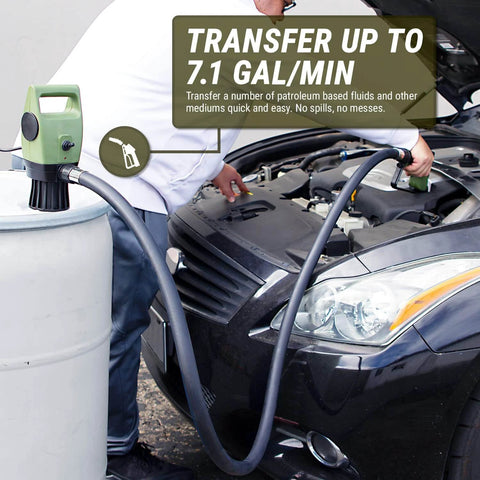 Person using TERA PUMP Electric Transfer Drum Pump for 55 Gallon Drums up to 275 Gallon IBC Totes on a car engine