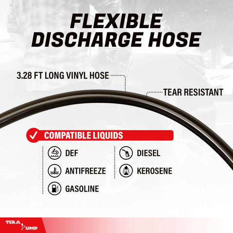 TERA PUMP Portable Battery Powered Gas Transfer Pump flexible discharge hose, 3.28 ft vinyl, compatible with DEF, diesel, kerosene