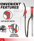 TERA PUMP Portable Battery Powered Gas Transfer Pump with quick stop nozzle, adjustable intake, and features labeled