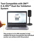 Laptop showing E-A-Rfit software, 3M test system, hand with Comfortable Foam Push In Earplugs With Corded Design, and microphone.