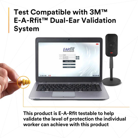 Laptop showing E-A-Rfit software, 3M test system, hand with Comfortable Foam Push In Earplugs With Corded Design, and microphone.