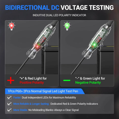 Automotive Test Light With Wide Range 3 To 70V LED Digital Voltage Display showing dual polarity indicator with probe
