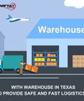 Illustration of a Texas warehouse with truck and worker loading goods, highlighting A-naftuly's fast logistics services.