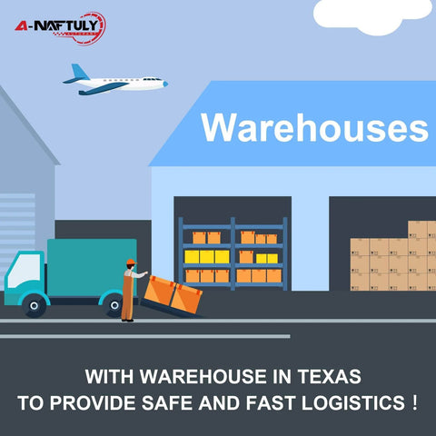 Illustration of a Texas warehouse with truck and worker loading goods, highlighting A-naftuly's fast logistics services.