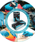 Textured Blue Nitrile Gloves 5 Mil Powder Free Food Safe Large Box Of 100, displayed with various usage scenarios in a circular layout.