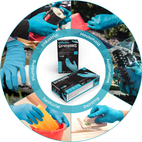 Textured Blue Nitrile Gloves 5 Mil Powder Free Food Safe Large Box Of 100, displayed with various usage scenarios in a circular layout.