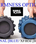 Two firmness options of Rumble Roller, textured foam rollers for deep tissue massage, showing blue and black midsize rollers for self-myofascial release.