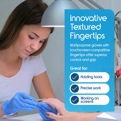 Person using Nitrile Exam Gloves Blue Large Latex Free Disposable For Medical EMT Use for precise work, displaying textured fingertips