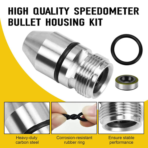 Bullet Speedometer Gear Sleeve Housing Kit for TH350 Transmission With O Ring and Metal Wrapped Seal 3 Piece Set Leak Proof Tail Housing 0.89 Inch Hole Compatible With 17 to 22 Tooth Gears and 22 to 25 Tooth Muncie Gears shown with components including sleeve, O-ring, and seal.
