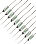 SF240E 10A 250V Thermal Fuses Pack of 10 240 Degrees Celsius Thermal Cutoffs arranged in a row, used for electronics and appliances.