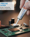 Applying Heavy Duty Silicone Thermal Glue For GPU VRM VRAM LED Heatsinks And IC Chips Non Conductive Permanent Bonding For MOSFET Transistors 3D Printer PCB TEC1 12706 RTV 4 Pack onto a circuit board heatsink.