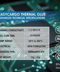 Easycargo thermal glue technical specifications chart on circuit board background, highlighting non-conductive RTV formula details.