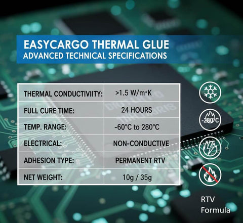 Easycargo thermal glue technical specifications chart on circuit board background, highlighting non-conductive RTV formula details.