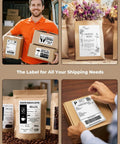Collage showing 4x6 Direct Thermal Shipping Labels 220 Sheets Per Stack Commercial Grade Permanent Adhesive in various uses