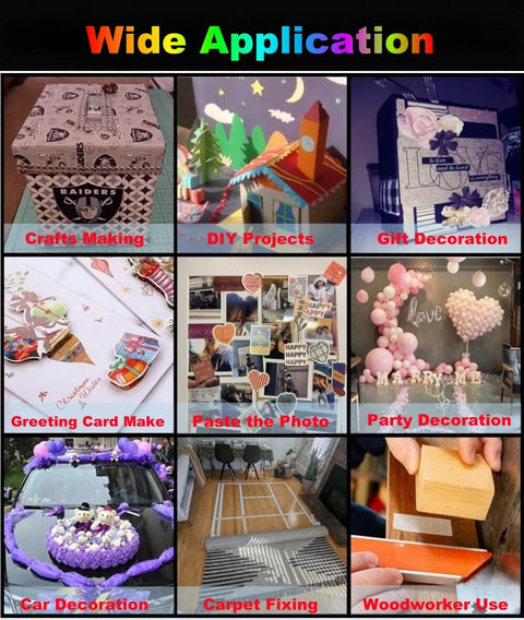 Collage of various DIY projects and crafts including gift boxes, party decorations, car decorations, and woodworking using double-sided tape.