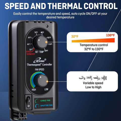 Close-up of speed and thermal control for Powerful 10 Inch Wall Mounted Shutter Exhaust Fan With Automatic Shutter Thermostat And Variable Speed Controller 820 CFM Coverage For Big Spaces Up To 1200 Square Feet 65W Energy Efficient Silver ILG8SF10V ST.