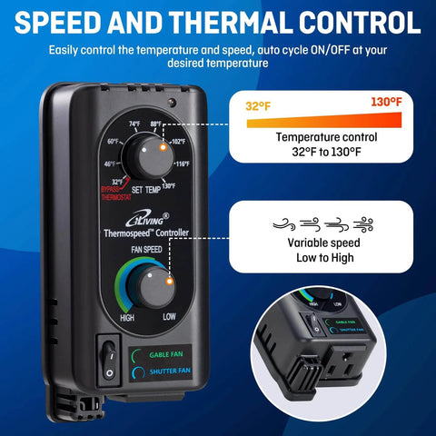 Thermospeed controller for Beefy 12 Inch Wall Mounted Shutter Exhaust Fan With Automatic Shutter Built In Thermostat And Variable Speed Controller 960 CFM 0.6A Covers Up To 1400 Sq Ft Heavy Duty Silver Ventilation For Garage And Shop