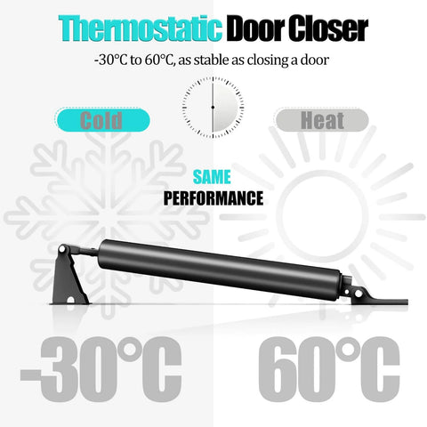 Thermostatic storm door closer operating in cold and heat conditions, showcasing temperature resilience from -30°C to 60°C.
