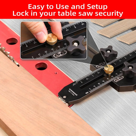 Close-up of Thin Rip Jig for Table Saw and Band Saw Easy to Use Guide for Repetitive Narrow Strip Cuts in Woodworking with setup details