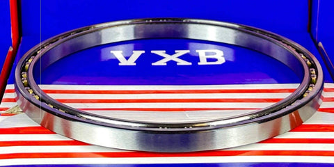 Thin Section Bearing 4" x 4-5/8" x 5/16" inch VB040CP0 shown from a side view with a shiny chrome steel finish.