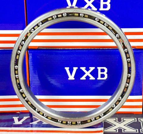 VD040CP0 Thin Section Bearing 4" x 5" x 1/2" Slim showing open design and brass cage against a blue background.