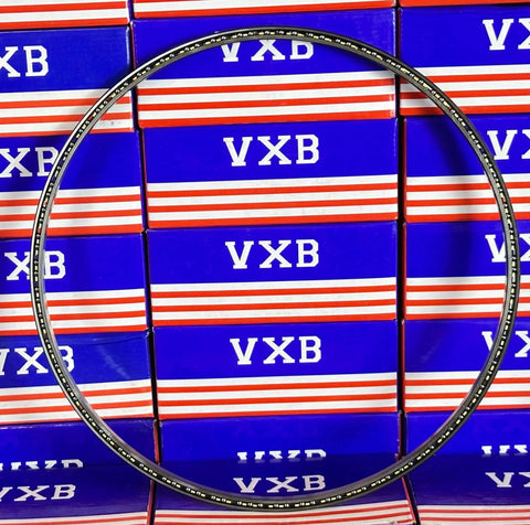 VA090CP0 Thin Section Bearing 9" x 9-1/2" x 1/4" inch shown against VXB product boxes.