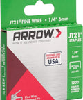 Product packaging for Arrow JT21 Thin Wire Staples, 1/4-inch leg, 7/16-inch crown, grey, 1000-pack, designed for upholstery and crafts staplers.