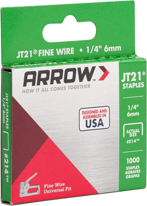 Product packaging for Arrow JT21 Thin Wire Staples, 1/4-inch leg, 7/16-inch crown, grey, 1000-pack, designed for upholstery and crafts staplers.