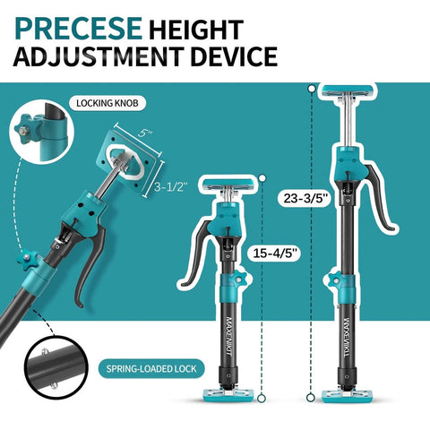 Diagram showing Third Hand Support Pole Heavy Duty, Cabinet Jacks with height adjustments and locking features.