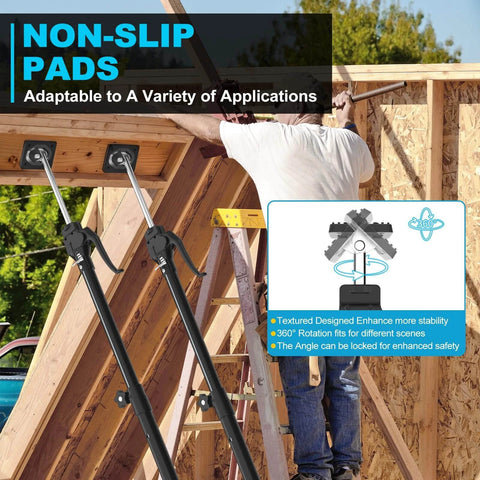 Third Hand Support Pole Heavy Duty, Cabinet Jacks installing cabinet on wooden structure, showing non-slip pads.