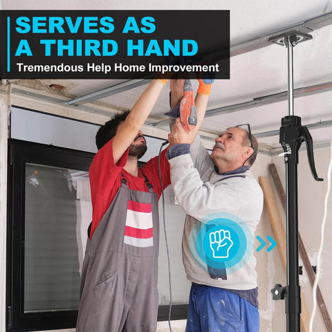 Two men using Third Hand Support Pole Heavy Duty, Cabinet Jacks for Installing Cabinets with 154 LBS Capacity in a home improvement project.