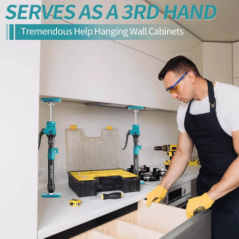 Man using ✝️ Third Hand Support Pole Heavy Duty, Cabinet Jacks for Installing Cabinets with 285 LBS Capacity in kitchen setup