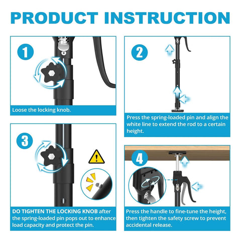 Product instructions for Third Hand Support Pole Heavy Duty, Cabinet Jacks showing step-by-step guide with locking knob and safety pin.