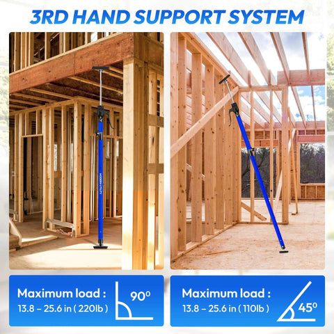 ✝️ Adjustable Cabinet Jacks for Installing Cabinets (45.3-114.2 Inches 2 Pack) Heavy Duty 200 lb Metal Quick Support Rod & Third Hand Support System with Swivel Non-Slip Pads for Drywall and Ceilings shown installed in a wooden frame at 90 and 45 degrees.