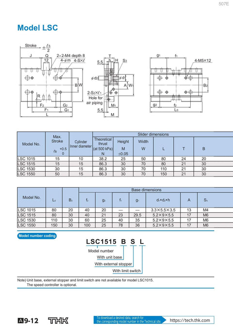 Technical diagram of THK Ball Sliding Slide LSC1015 L.S.C1015 for CNC axis motion, detailing model dimensions and specifications.