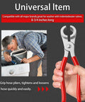 Hand holding THP-1 Washer Hose Pliers Zinc Alloy Hose Clamp Tool with red handle, man using it on washing machine.