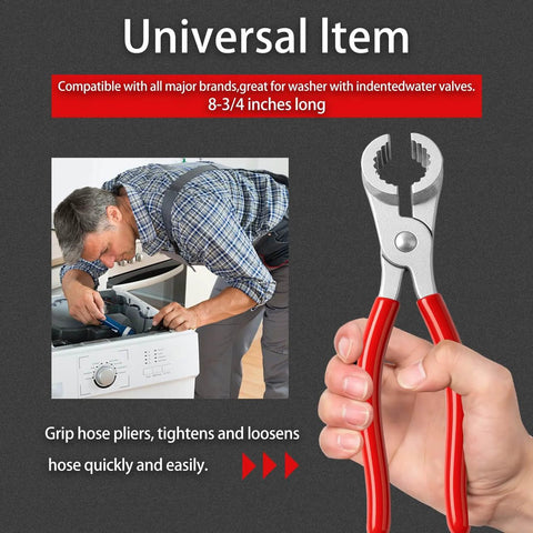 Hand holding THP-1 Washer Hose Pliers Zinc Alloy Hose Clamp Tool with red handle, man using it on washing machine.