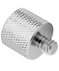 3/8 Inch Female To 1/4 Inch Male Thread Adapter in nickel plated brass for cameras, microphones, and tripods, close-up view