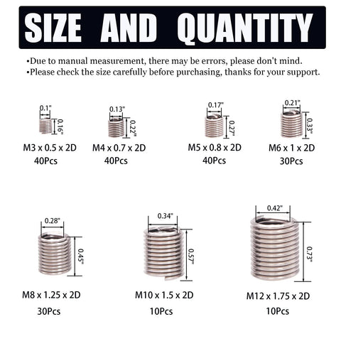 Pro Grade Wire Thread Inserts Kit In 304 Stainless Steel Assortment For Metric M3 Through M12 Sizes Helical Thread Repair Inserts chart