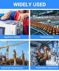 Collage showing diverse uses: appliance repair, food industry conveyor, construction site with crane, automation equipment.