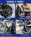 Four automotive maintenance images, showing activities suited for Blue And Red Thread Locker Kit, Medium And High Strength Thread Lock.