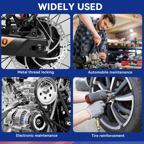 Four automotive maintenance images, showing activities suited for Blue And Red Thread Locker Kit, Medium And High Strength Thread Lock.