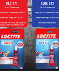 Comparison of LOCTITE Threadlocker Red 271 and Blue 242 with usage, torque, and temperature info