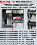 Caliper measuring threaded stem dimensions with measurement warnings and size guidelines