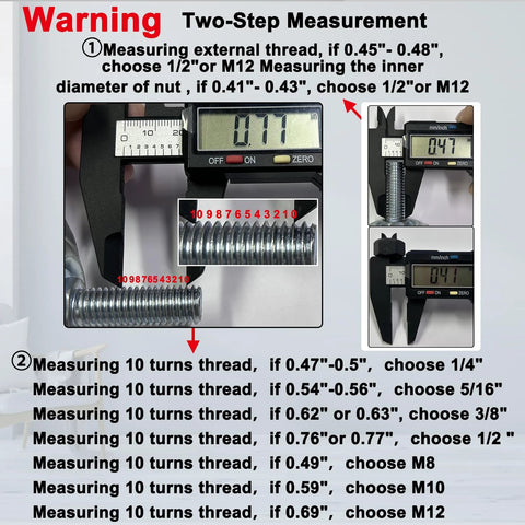 Caliper measuring threaded stem dimensions with measurement warnings and size guidelines