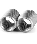 Close-up of two stainless steel insert nuts from Stainless Steel Thread Repair Tool Kit With 10 Insert Nuts M8 X 1.25 Female Threads And M10 X 1.25 Male Threads.